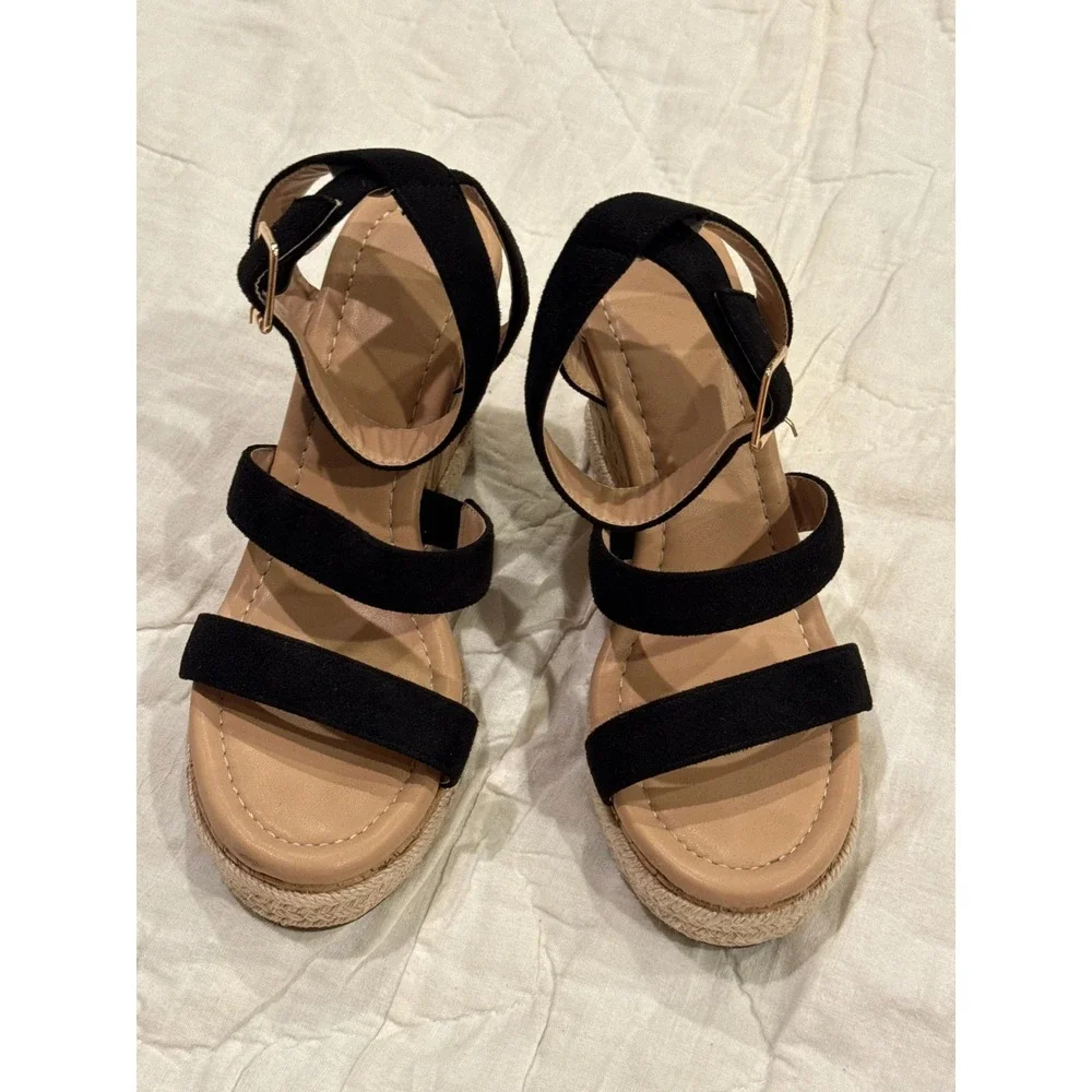 ZBY Womens Black Faux Suede Cork Espadrille Wedge Sandals Ankle Strap Size 7
